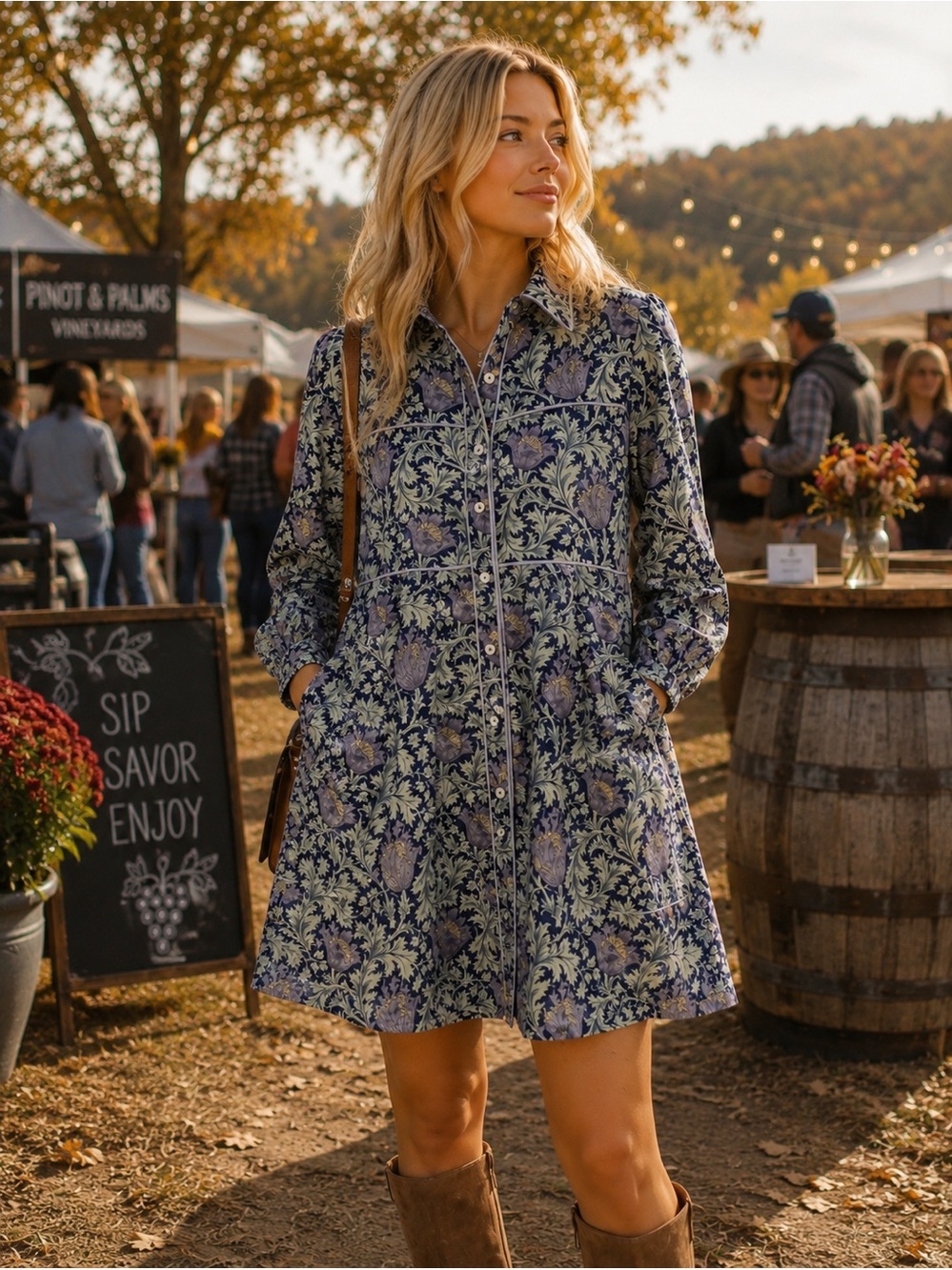 Shop The Mint On Your Way LS Navy Cotton Floral Babydoll Dress- MED